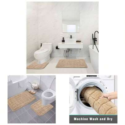 Tapetes de Bao suaves de microfibra antiderrapante marca, juego de 2 tapetes para fuera de la regadera y con forma de U para el escusado, Moderno, Beige #2, 21x34+20x20