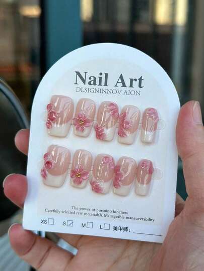 10 Pcs Bare Skin French Girls 3D Pink Floral Design Patch Nails, Handmade Full Coverage French Square Medium Length, Three-Dimensional Hand-Painted Flower Carving Design, Bright And Glossy, Pink And White, Duckbill Shaped High-End Minimalist Vacation Style Three-Dimensional Carving Elegant Nail Art Nail Supplies