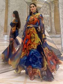 女式立领随机印花撞色、独特袖子、系腰带优雅长袖连衣裙 - 彩色 - 查看 6