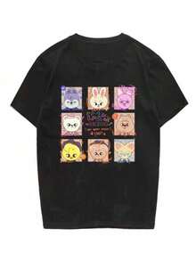 Kids T-Shirt Durable Stray Youngsters Rock Star Album Merch T-Shirt Unisex, Breathable Cotton Tee For Boys & Girls, Black With Colorful Cartoon Animal Print, Casual Round Neck, Perfect For Concerts & Holidays, Band T Shirts - 黑色 - 查看 1