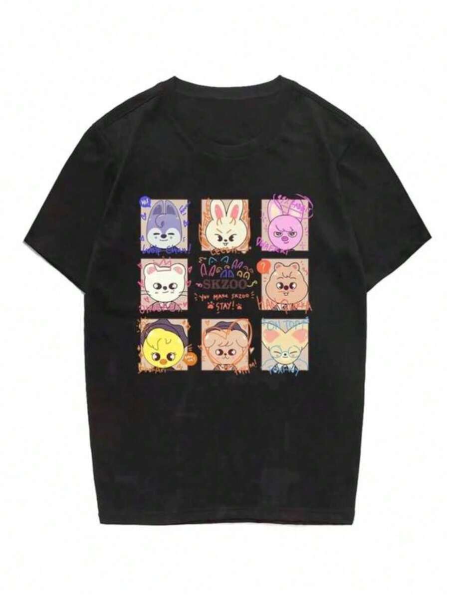 Kids T-Shirt Durable Stray Youngsters Rock Star Album Merch T-Shirt Unisex, Breathable Cotton Tee For Boys & Girls, Black With Colorful Cartoon Animal Print, Casual Round Neck, Perfect For Concerts & Holidays, Band T Shirts - 黑色 - 查看 1