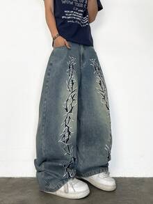 1 pezzo Jeans uomo a gamba larga stile retrò con ricamo di un marchio americano, pantaloni casual con vestibilità ampia e lunga (cintura e accessori non inclusi)