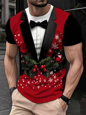 Herr 3D rolig jul-T-shirt - Röd & svart högtidsfest kortärmad, lämplig för jul, ny design, julfest