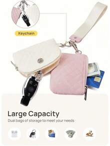 Mini Zip Around Wristlet Wallet For Women - Dual Pouch Design - 0-米色+粉紅色 - 查看 5