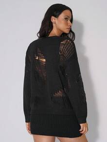 TypaGal Women Fall Autumn Winter Casual Sporty Chic Modern Going Out Elegant Sexy Black Solid Drop Shoulder Ripped Sweater-Black,Long Sleeve Tops In Fall/Winter