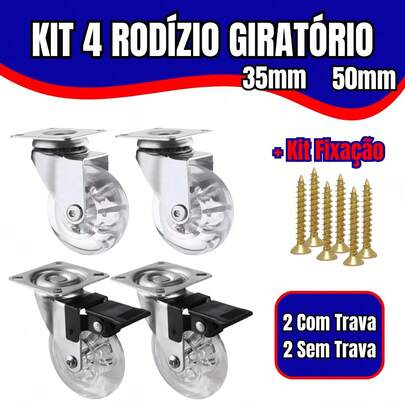Kit 4 Rodizio De Silicone Giratório Com Parafusos 2 Rodinhas Com Trava E 2 Sem Trava