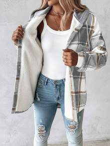 Plaid Print Buttoned Hooded Shacket