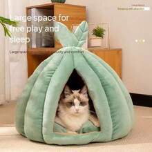 1pc New Thickened Pumpkin Shaped Cat Bed, Green Small Tent Cat Bed Suitable For Cats And Small Dogs, Warm And Semi-Enclosed, Removable And Washable, Cute Christmas Gift - Green - View 6
