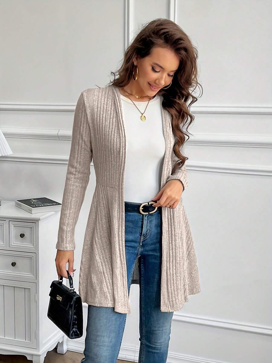 Women's Solid Color Textured Casual Long Sleeve CardiganWomen's Casual Solid Color Ribbed Knit Jacket - Màu Khaki - Xem 1