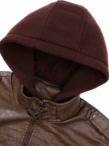 男士休闲时尚街头风拉链连帽PU皮长袖夹克，秋季款 - 酒紅色 - 查看 5