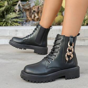 Botines de mujer, unicolor, estilo universitario básico, casual, elegante, con cordones, cadena metálica, estilo universitario, para oficina, fiesta, al aire libre, festival, otoño/invierno, tacón grueso, puntera redonda, cómodos, botines Chelsea, casual, minimalista, botas de mujer de estilo deportivo universitario, moda, botines cortos negros