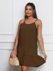 Women's Basic Loose Ruffle Dress With Adjustable Straps - Viscose Fabric - 鏽棕色 - 查看 1