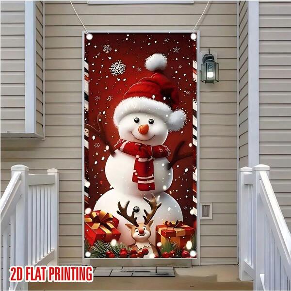 2 Bandiera natalizia per porta, 1 pezzo con motivo pupazzo di neve, in tessuto di poliestere durevole, 90 x 180 cm, con fori per appendere facilmente, adatta per uso esterno, decorazione natalizia per porta, Natale, Capodanno, decorazione per atmosfera invernale, foto, decorazione per festival