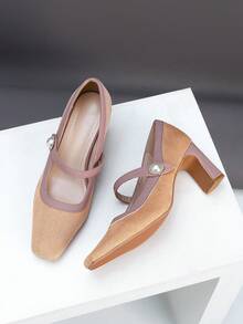 1 Par de Sapatos de Salto Alto Elegantes e Versáteis com Bloco de Cores, Bombas de Tira de Pérola com Fivela de Bico Quadrado e Salto Grosso para Mulheres, Novos Lançamentos para Primavera/Outono