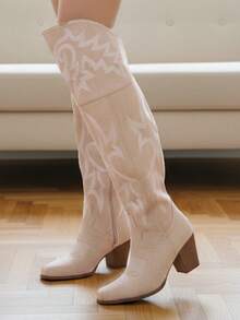 planare 女士复古麂皮裸粉色刺绣西部过膝长靴，粗跟尖头牛仔高筒靴，复古风格，适合秋冬季音乐节和街头时尚，显瘦，牛仔靴 - 杏色 - 查看 8