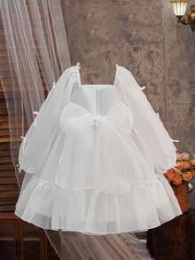 Tween Girls Long Sleeve Bow Baptism Bridesmaid Party Pageant Girls Evening Gown Elegant Fluffy Wedding Birthday Party Princess Girls Graduation Dress - White - View 2