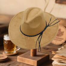 Suede Cowgirl Hat For Women Men Black Band Wide Brim Solid Color Western Cap For Party, Outdoor - Khaki - View 6
