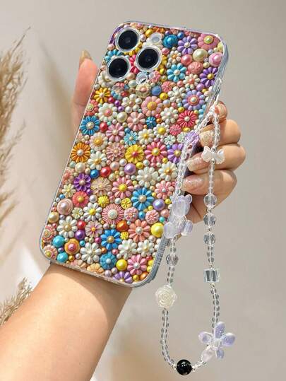 Floral Transparent Straight Edge Perforated Minimalist Wrist Strap Shockproof Thick Phone Protective Case, Compatible With IPhone 17/17 Pro Max, 15 XR/7/8, 15 Pro Max, 12 Pro Max, 13 Pro Max, 14 Pro Max, 13, 14, 11, 12, P14, P11 Soft Shell, P12 Anti-Drop, XS, XR, 7/8 Plus, 7/8 GES2