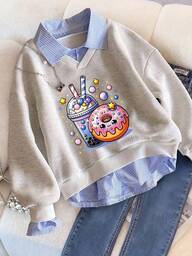 Tween-Mädchen Warmes 2-in-1-Sweatshirt mit Cartoon-Print