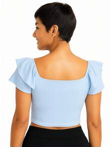 Blusa Cropped Feminina Manga Bufante Babado Canelada Verão