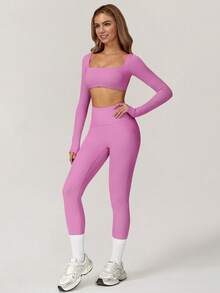 Yefecy Women's 2 Pieces Workout Set Long Sleeve Crop Top & High Waist Leggings, Quick-Dry Yoga Gym Running Suit, Fall Activewear 2025 - 玫紅色 - 查看 6