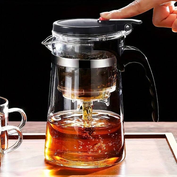 1pc 900ml Elegant Glass Teapot With Convenient One-Touch Tea Infuser - Perfect For Brewing Loose Leaf Tea, Ideal Gift For Tea Lovers, Suitable For Filtering Tea Drinks, Household Use - Black - View 1