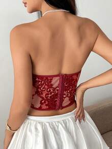 JSE Elegant Floral Print Mature Charm - Graceful Lace Ruffle Trim Backless Bustier Bodycon Corset Top - Burgundy - View 5