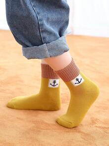 5 双儿童厚款保暖内衬锚形图案中筒保暖袜，秋冬款