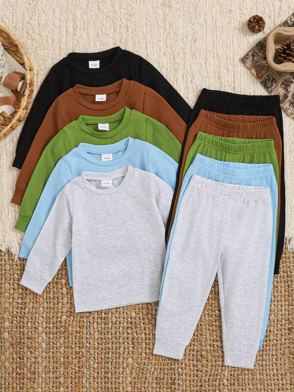 Set de 10 piezas de top de manga larga básico + pantalones para bebé/niño pequeño, combinación de multicolor (gris claro/azul claro/marrón/negro/verde), tela cómoda, estilo casual, esencial para el uso diario en primavera, otoño e invierno