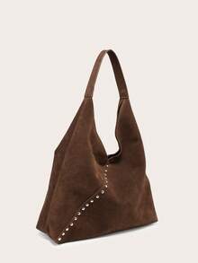 Ladies' Shoulder Bag, Tote Bag, Brown Suede, Large Capacity With Studded Decoration, Vintage And Versatile Commuting Style, Suitable For Outings In Autumn And Winter. - Brown - View 3