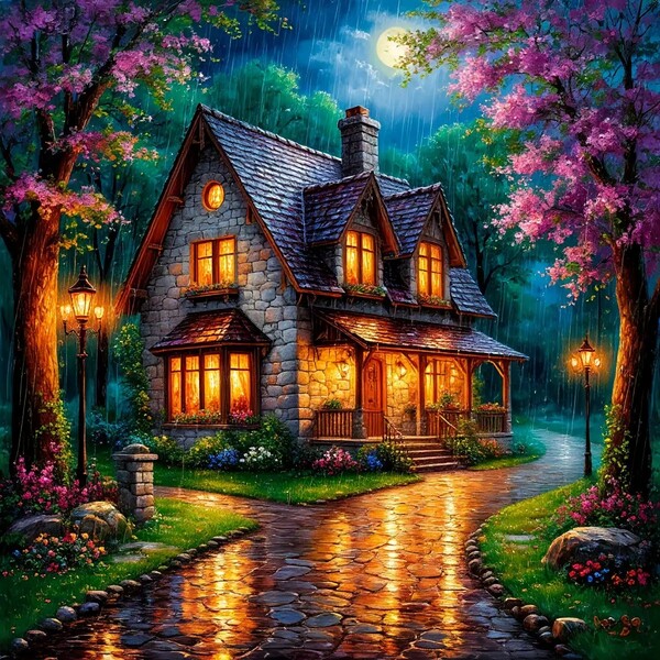 5D Square/Round Diamond Painting Kit, House, Full Artificial Diamond Rhinestone Mosaic Painting, Diamond Art Kit, Home Decor Office Home Wall Art Decoration