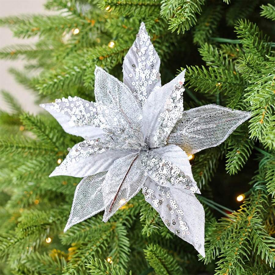 Flores de Nochebuena brillantes, flores artificiales navideñas con tallos para árbol, jarrón, centros de mesa, decoración navideña para fiestas y hogar - Plateado - Ver 1
