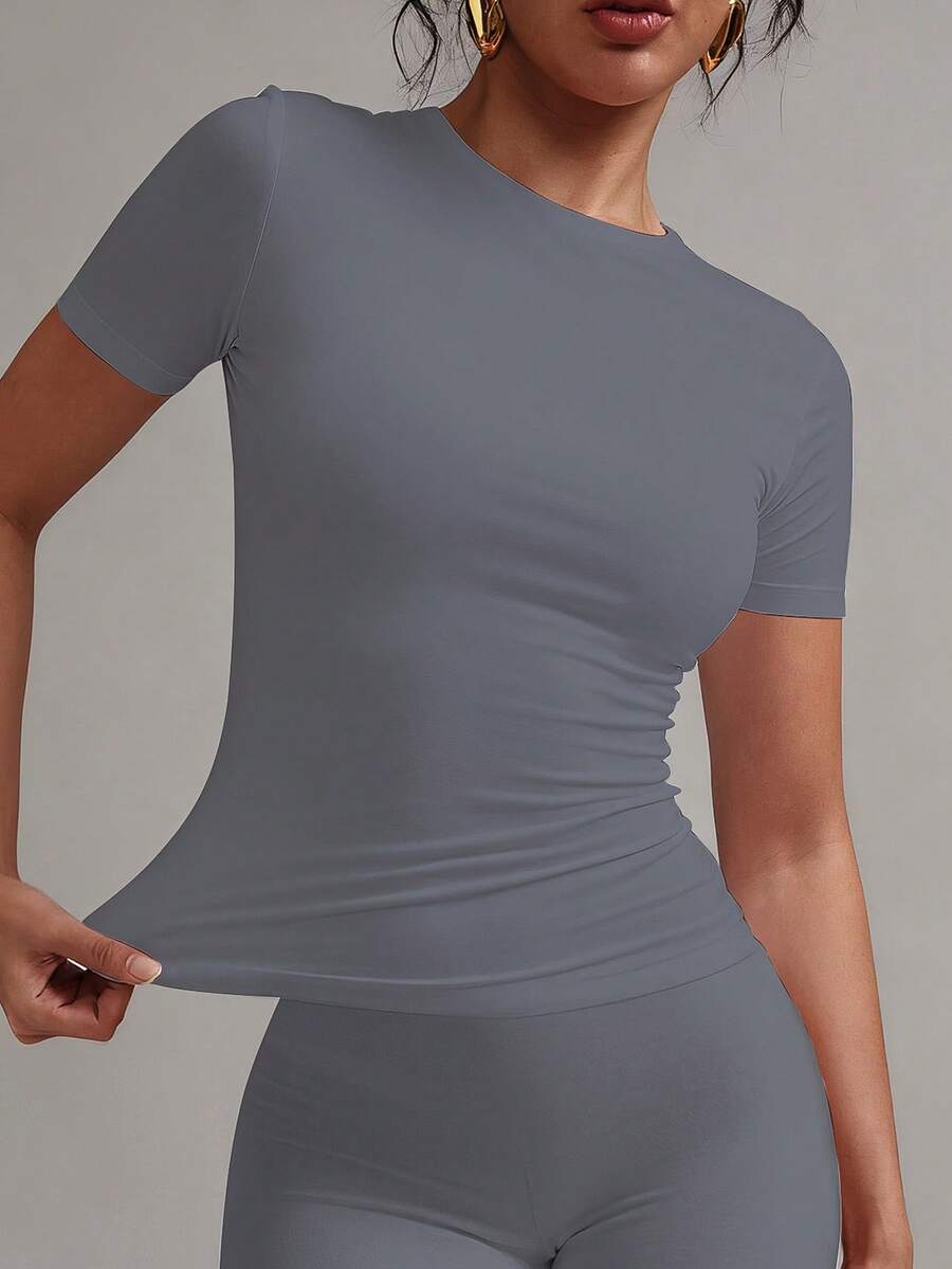 XLLAIS Tricou de vară cu mânecă scurtă și guler rotund mic 2025, tricou sport casual pentru femei, stil casual, stil solid, stil Skinny