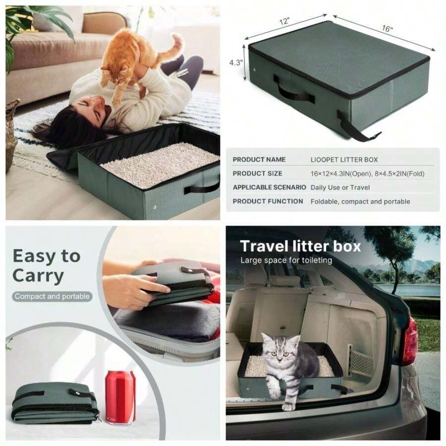 Caja de porttil, a prueba de fugas, caja de de viaje para gato, caja de plegable para gatos, para viajes, estancias de hotel y viajes por carretera gris oliva con tapa - gris oliva (con tapa) + Mediano - Ver 1