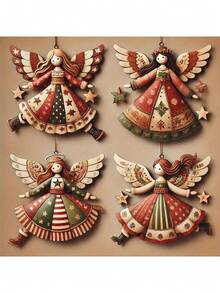 4pcs Christmas Wooden Flat Creative Retro Angel Doll Pendant Christmas Tree Pendant Decorative Pendant