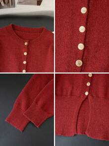 女士休闲圆领针织开衫，复古简约红色长袖短款毛衣，冬季外套 - 紅色 - 查看 5