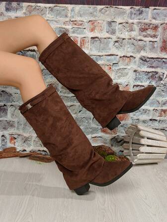 Fall/Winter New Comfortable Pointed Toe Elegant Boots, Straight Tube Versatile Ankle Boots, Buckle Decor Fashion Versatile Women Thick High Heel Ankle Boots Mocha Brown,Party