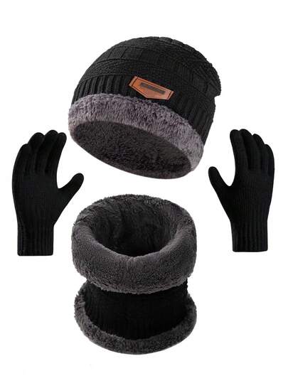 Winter Hat Scarf Gloves Set, 3-In-1 Knit Beanie With Fuzzy Lining, Touch Screen Mittens, Circle Scarf For Men Women