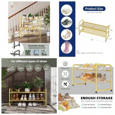 - Zapatero de 32 pulgadas, organizador de zapatos de metal resistente, dorado, 2 niveles, moderno, apilable