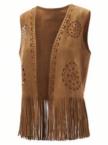 Women Boho Vest Coat Tassel Vest 70s Hippie Faux Suede Rivets Sleeveless Fringe Waistcoat Open Front Hollow Out Western Jacket Cardigan Outerwear For Summer Vacation Beachwear Women Westren Wear - 棕色 - 查看 5