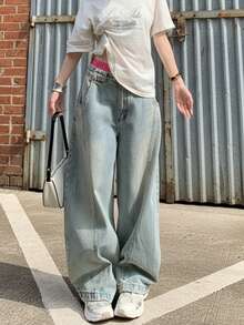 OENY | Women's Loose Fit Long Wide Leg Jeans, Non-Stretch, Light Wash, Casual Pants