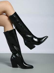 2025 Autumn/Winter New Black Pointed Toe High Heel Over-The-Knee Boots, Thick Heel Western Style Boots For Women,Party - Black - View 6