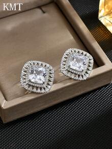 1 Pair Copper Plated Cubic Zirconia Stud Earrings, Luxurious, Multi-Color Options, Suitable For Party, Banquet, Daily Wear, Great Gift