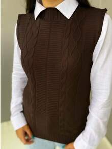 Women's Knit Vest Braid Max Knit Overlay Vest Fashion Blogger - Óxido marrón - Ver 2