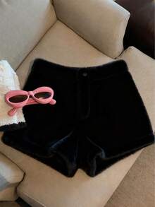 Women's Casual Fashion Black & White Combination Loose Fluffy Shorts, Autumn/Winter