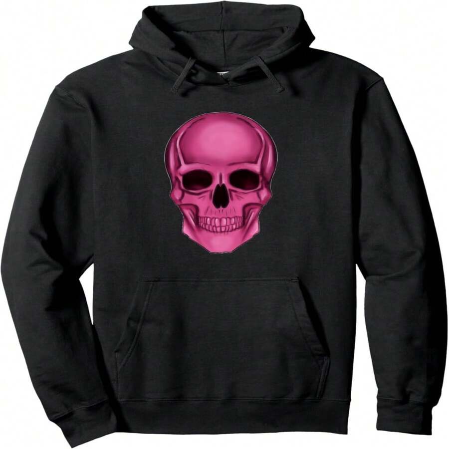 Hot Pink Skull Halloween Graphic Pullover Hoodie - Black 16 - View 1