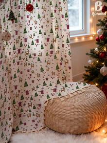 1pc Christmas Tree & Reindeer Gift Pattern Curtain, Christmas Style Fabric With White Tassel Details, Blackout Decorative Curtain For Bedroom, Kitchen, Living Room, Hotel, Restaurant, Christmas Holiday Decor