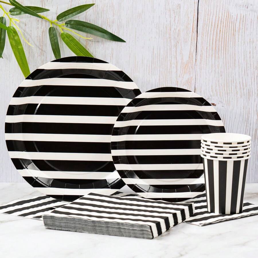 8pcs Black & White Striped Disposable Plates, Napkins And Cups, Suitable For 8 Guests, One-Time Paper Plates Party Supplies For Birthday Party, Family Picnic