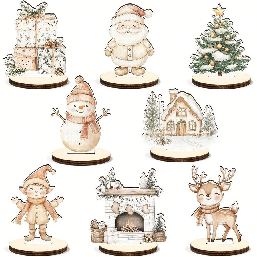 8 pièces Décoration de bureau vintage en bois aquarelle de Noël, style campagnard, bonhomme de neige, cerf, Père Noël, ornements de table, accessoires de décoration, cadeaux de fête
