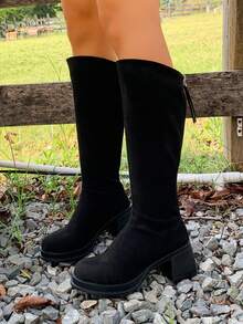 Bottes confortables, semelle épaisse de style européen et américain, bottes hautes imperméables à plateforme pour femmes, bottes de cavalière sexy et polyvalentes à gros talon, bottes mollet avec fond souple non fatigant et jambe fine, bottes à bout rond avec fermeture éclair au dos et tige large